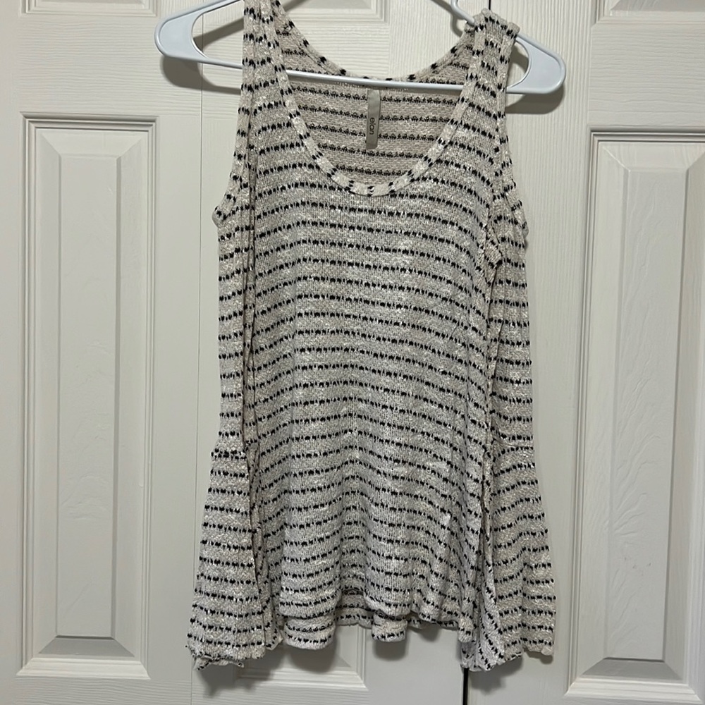 Cold shoulder bell sleeve stripe knit sweater